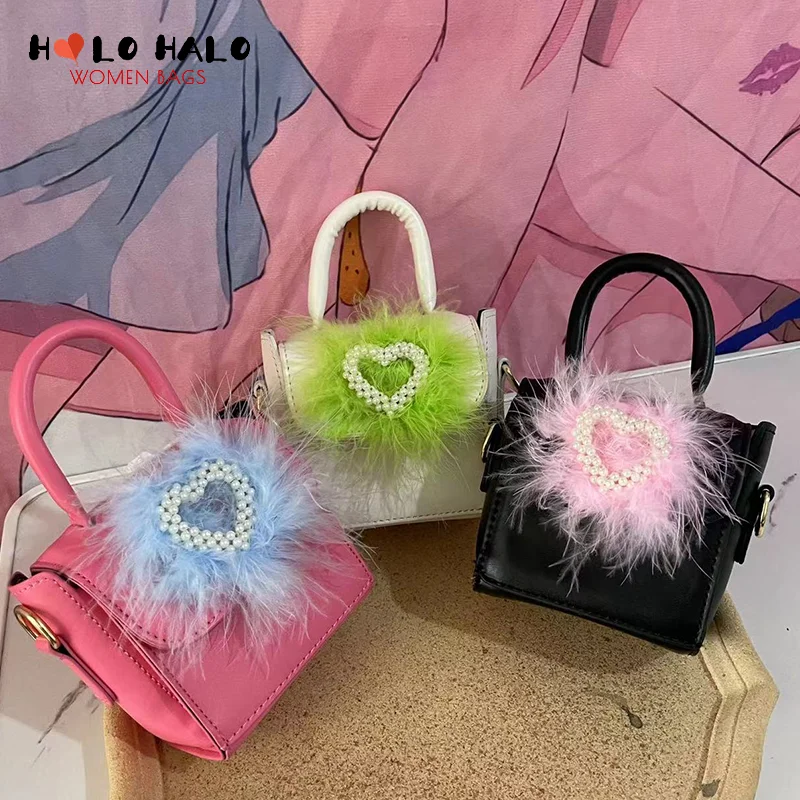 

Pearl Heart Feather Mini Handbag and Purses Y2K Sweet Crossbody Bag for Women Casual Girl High Quality Shoulder Bag Pu Leather