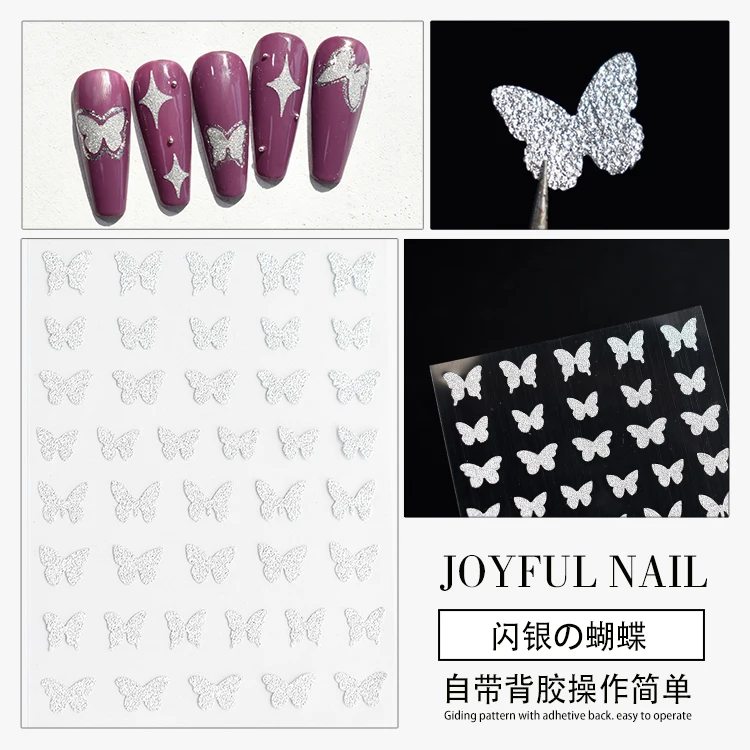 

1pc Reflective Glitter 3D Nail Stickers Silver Shinny Heart Butterfly Flame Star Design Manicure Slider Decals Nail Decoration