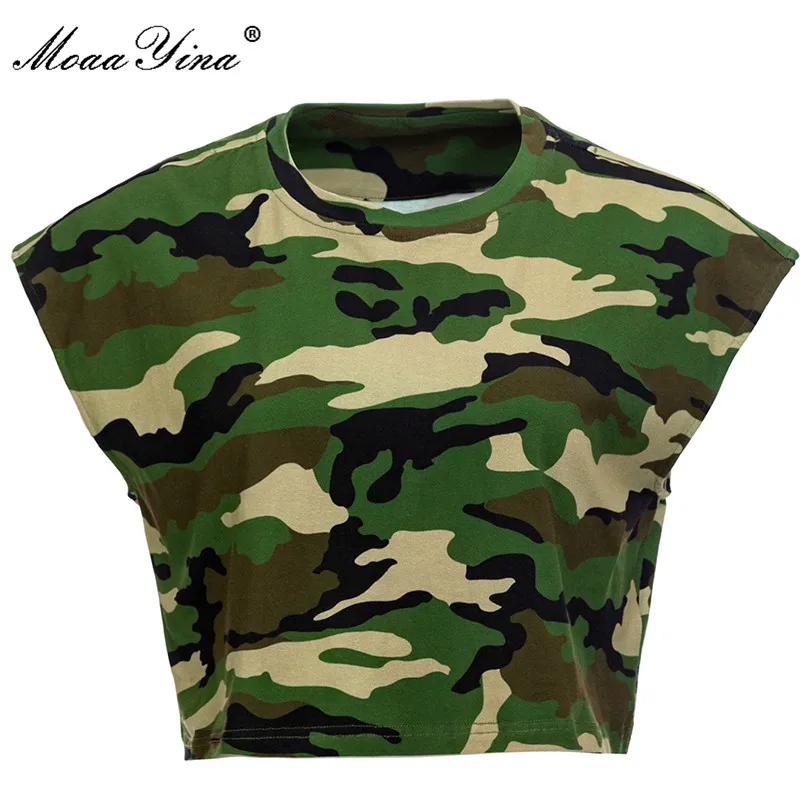 

MoaaYina Fashion Runway Designer Summer Loose T-shirt Women's Short sleeve Camouflage Printed Casual Tops Tees