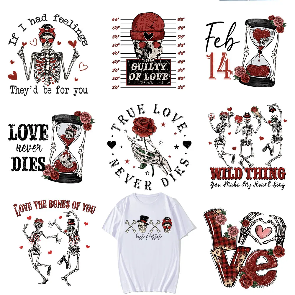 

Valentine Skeleton Patches Diy Love Rose Appliqued Heat Transfer Top Fashion Vinyl Sticker On Clothes Man Woman T-Shirt Stickers