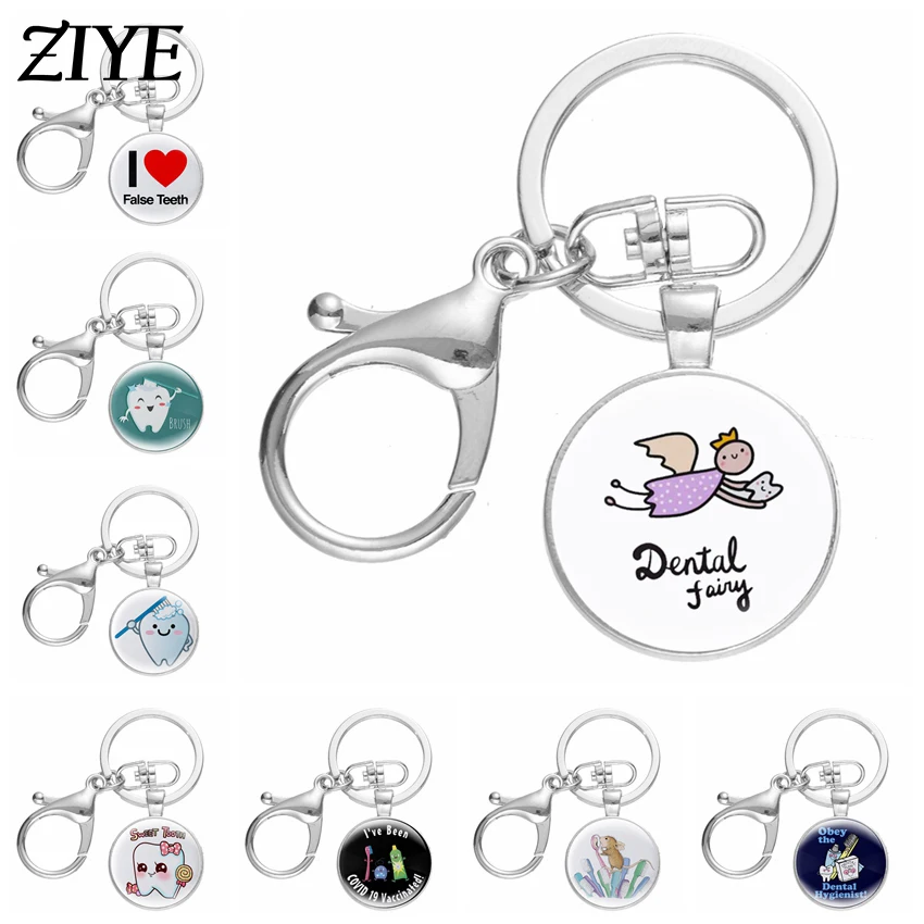 

New Creative Cute Cartoon Teeth Pattern Dentist Medal Keychain Children's Gift Glass Dome Pendant Keyring Hoilday Party Souvenir
