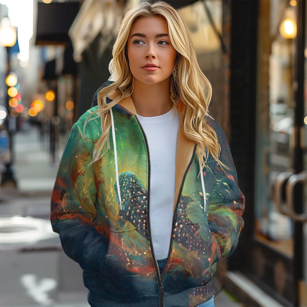 Women's Thick Hooded Jacket Sweatshirt Whale Printed Simple Pocket Zipper for Winter and Autumn Outdoor Warmth