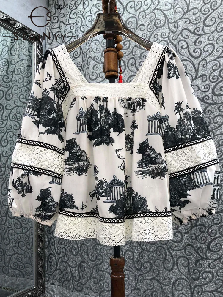 

SEQINYY 100% Cotton Top Summer Spring New Fashion Design Women Runway Vintage Black Flower Bird Print Lace Hollow Out Blouse