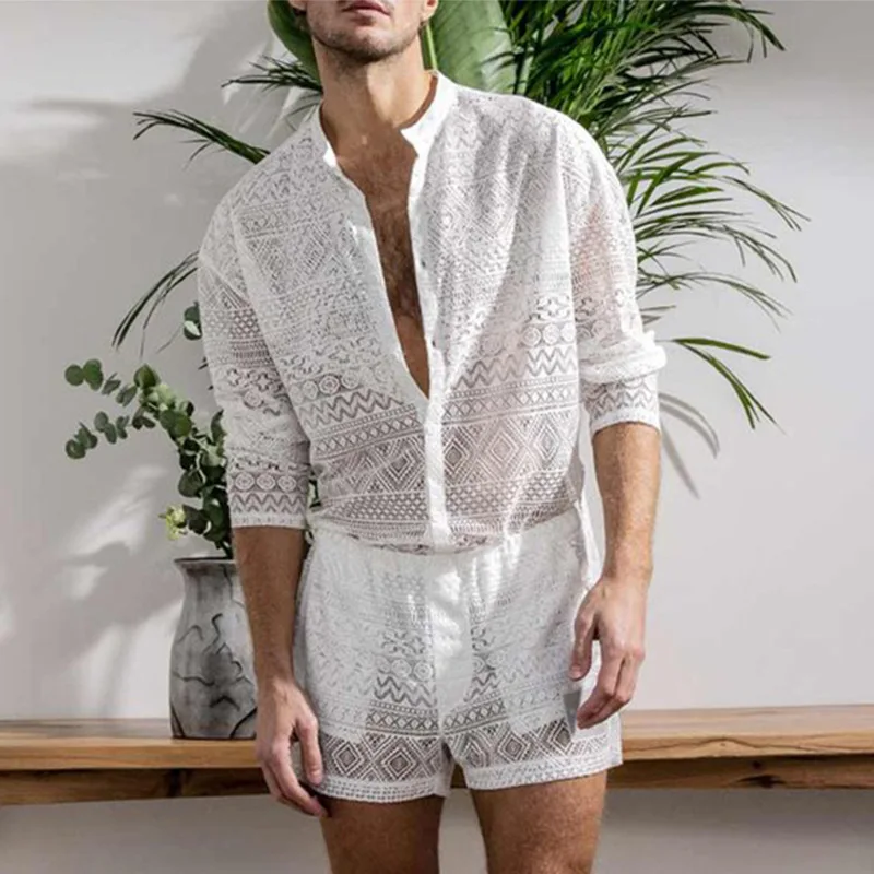 Summer Set Men Long Sleeve T-shirt Shorts Casual Holiday Beachwear Lace Sexy Top and Pants Two Piece Sets Man Matching Outfits