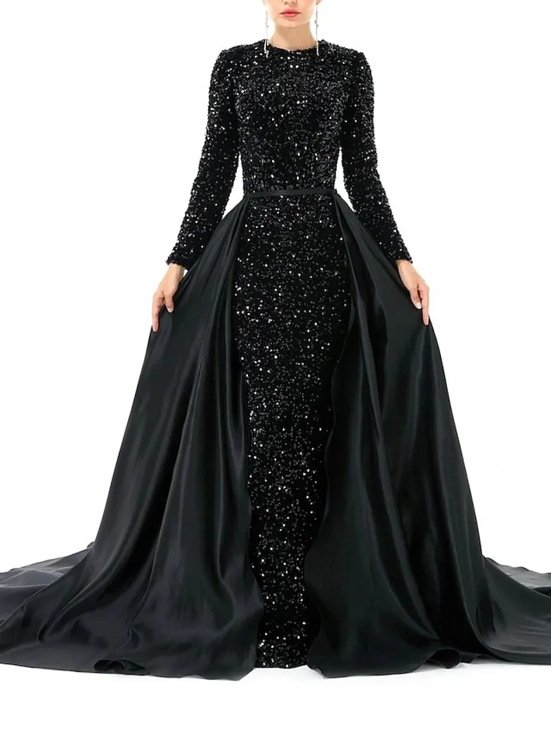 

Black Mermaid Prom Party Dress Overskirt Long Sleeve Jewel Sequined Women Evening Pageant Gowns Formal Robe De Soiree