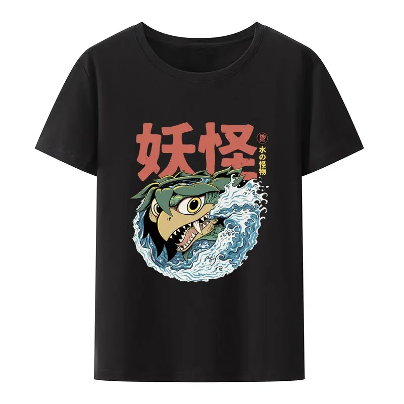 Фото Забавные Японские футболки Ukiyoe Kappa с мультипликационным графическим рисунком, мужские и женские свободные дышащие топы с коротким рукавом, повседневная крутая рубашка в смешном стиле №1