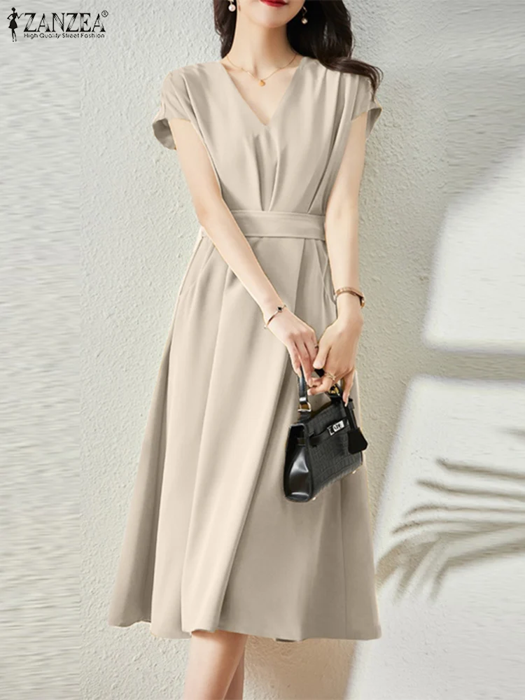 

2022 ZANZEA Элегантный женский сарафан из органической кожи с v-образным вырезом и коротким рукавом Стильная летняя повседневная Рабочая Рубашк...