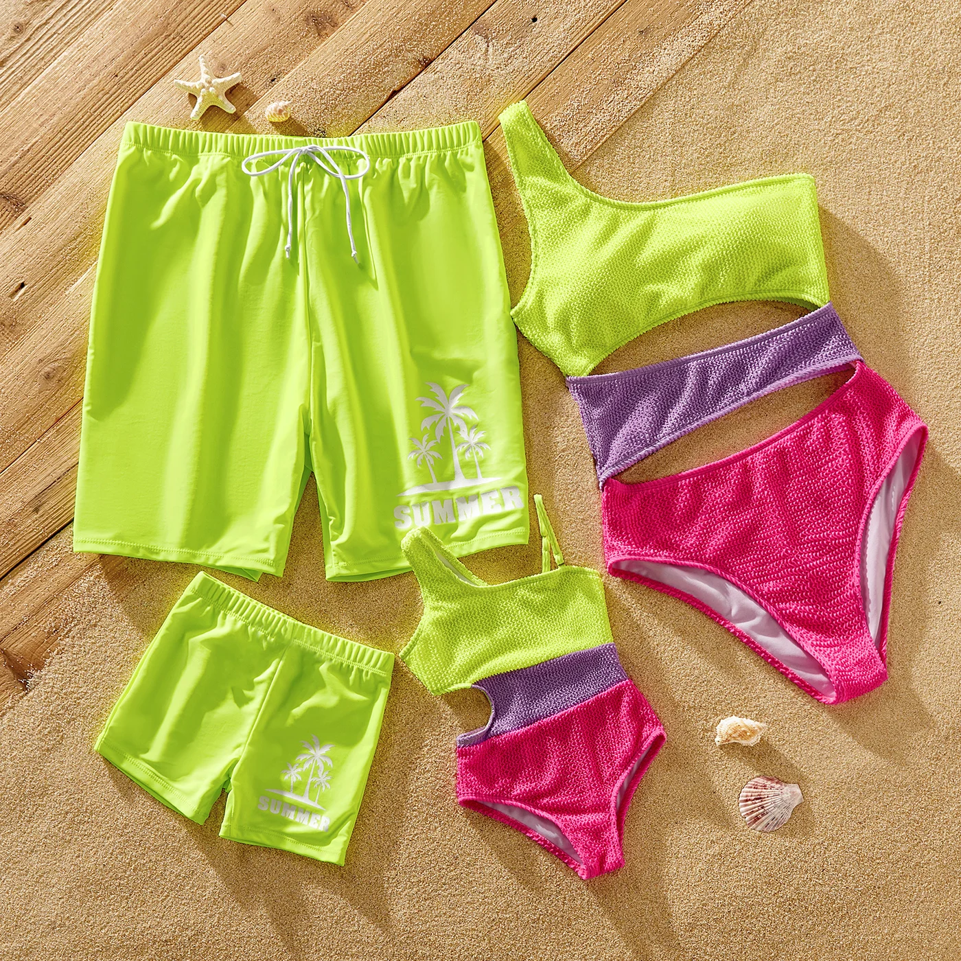 

PatPat Family Matching Fluorescent Colorblock One Shoulder Cut Out One-piece Swimsuit or Graphic Swim Trunks Shorts