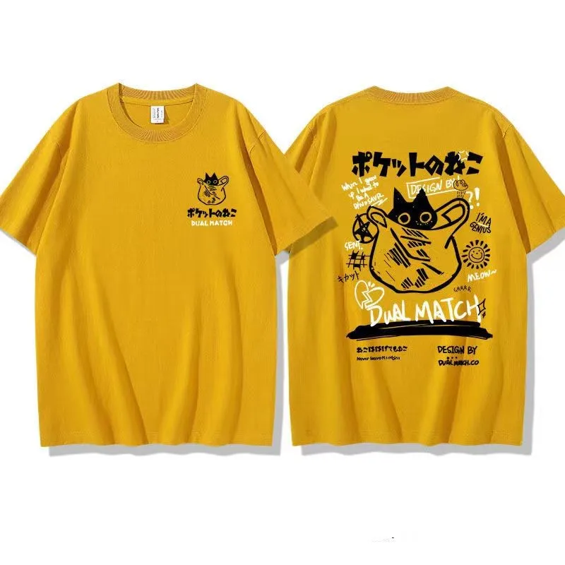 

100%Cotton Hip Hop Men's T-shirt Japanese Anime Fun Cartoon Pocket Cat Punk Graphic Man Streetwear Y2k Tops Free Shipping