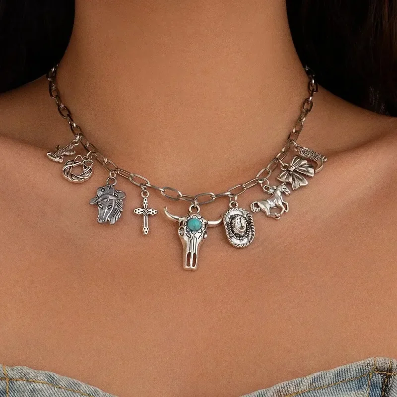 Ожерелье-чокер в стиле панк и ретро-ковбойские ботинки женская трендовая