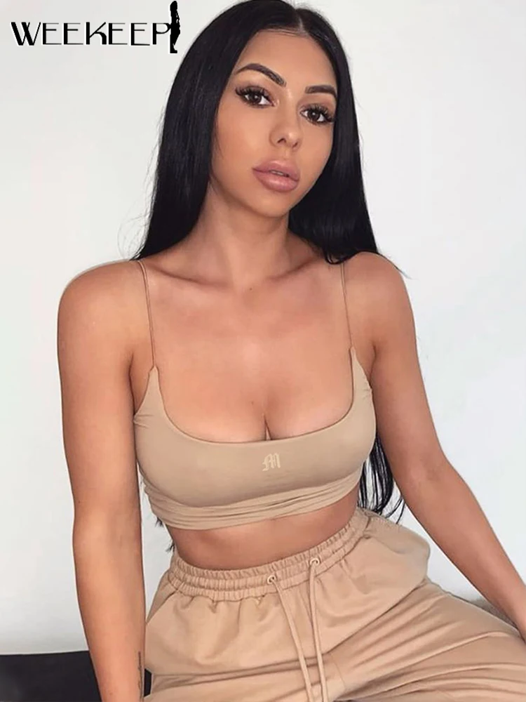 

Weekeep Sexy Push Up Cropped Top Women Basic Spaghetti Strap Top Y2k Aesthetic Solid Casual Summer Camis Harajuku Streetwear Tee