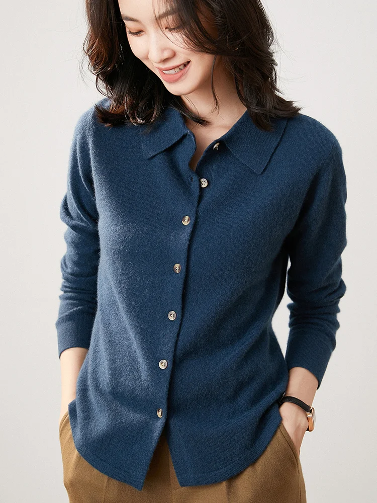 Cashmere shirt women's POLO collar 100% pure cashmere cardigan temperament lapel jacket bottoming shirt