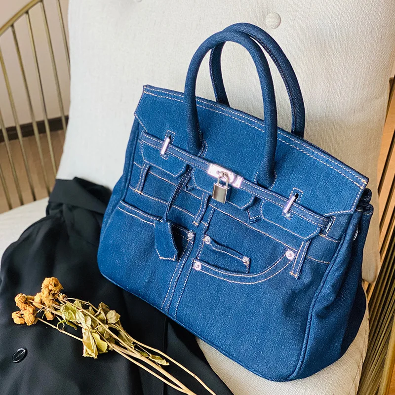 

iPinee Large Capacity Women Tote Handbag Denim Elegant Lady Shoulder Crossbody Bags High Quality Blue Black