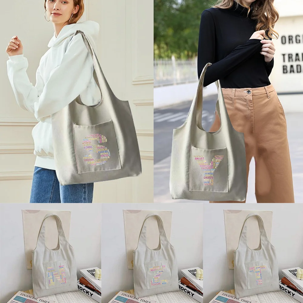 

Shopping Bag Foldable Student Canvas Shoulder Bag Text Letter Printed Ladies Shopper Bag Travel Tote Work Handbag Organizer