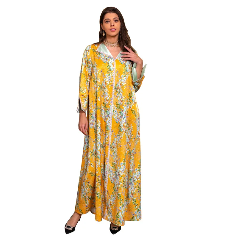 

Long Sleeve Dresses V Neck Beading Floral Ramadan Elegant Party Gold Summer Dress Women 2023