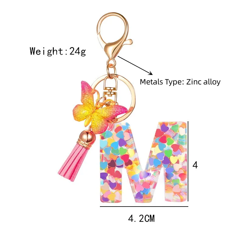 Fashion A-Z 26 Letter Resin Keychain Women's Exquisite Butterfly Pink Tassel Letter Key Ring Wallet Handbag Car Keys Ring Amulet