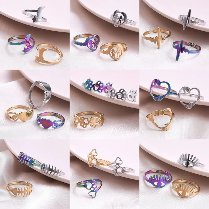 

Vintage Heart Fishbone Rings For Women Cute Cat Paw Print Unisex Adjustable Fashion ECG Line Men's Stainless Steel Jewelry Gifts