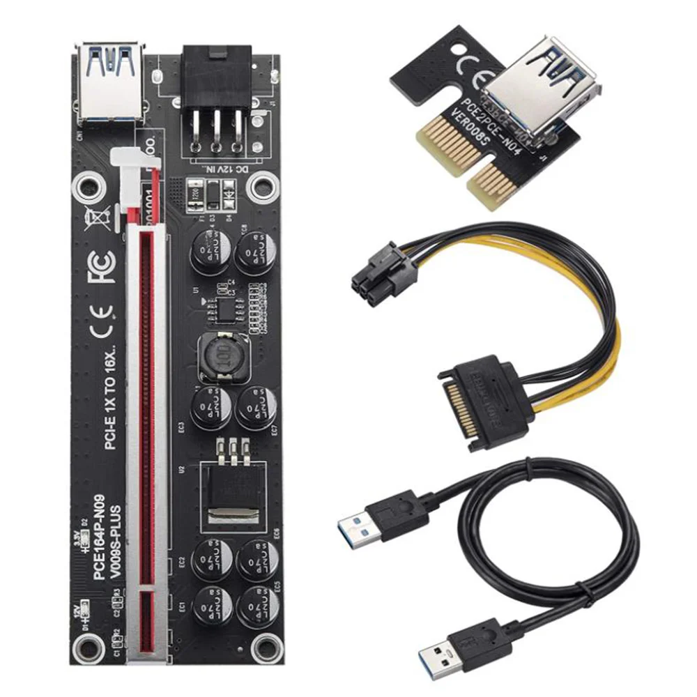 

VER009S Plus PCI Express 1X to 16X Reinforce PCI-E Riser Card SATA 6Pin Power 0.6M USB 3.0 Cable for BTC LTC Mining