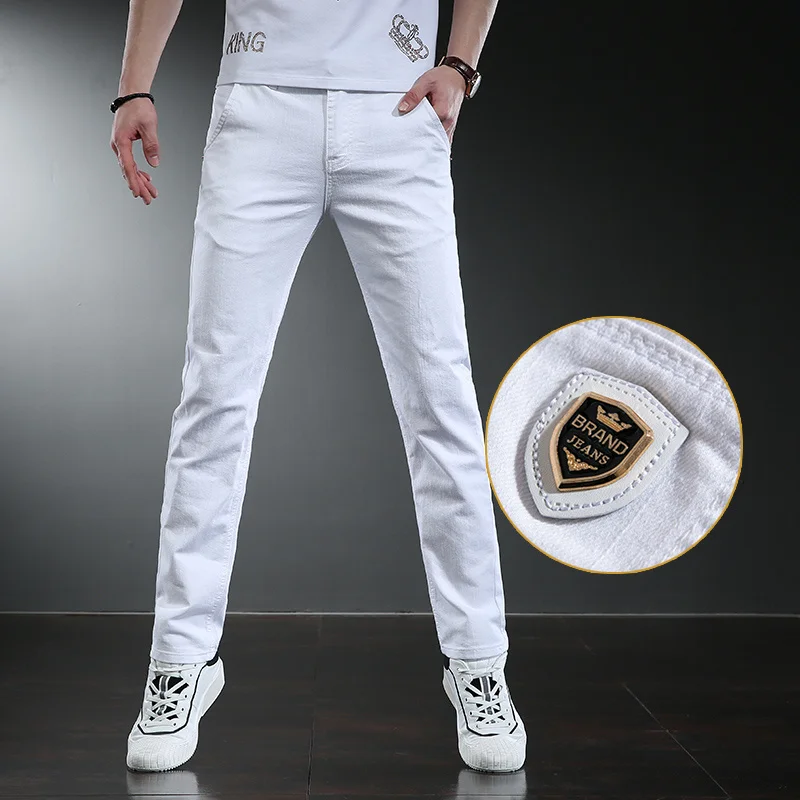 

2022 Spring New Men's Slim White Jeans Stretch Embroidery Decoration Denim Men's Fashion Trousers Male Brand Pants Goth Clothes