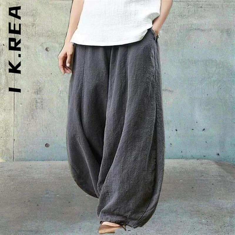 

I K.Rea Pants Trousers Fashion Women Chic Wide Leg Sweatpants Cotton Linen Style Bloomers Hot Elegant Female Trousers Women