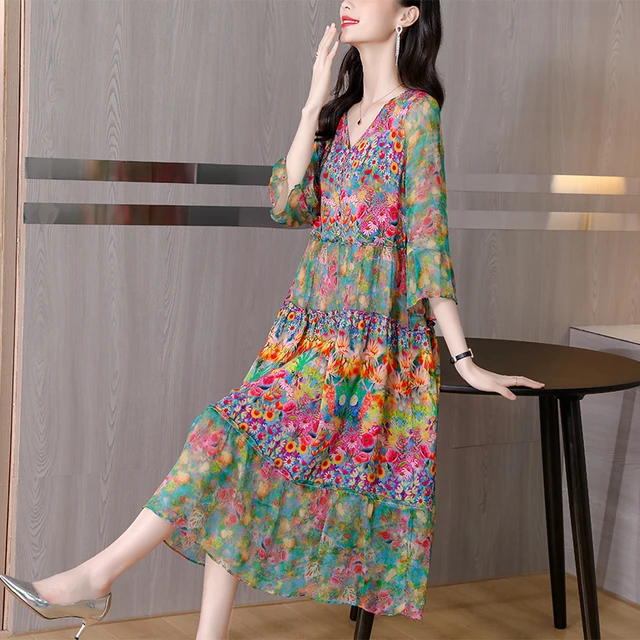 Summer Dress 2022 Woman Silk Floral Dress Elegant Long Beach Vintage Dresses  for Women Clothes Vestido - купить по выгодной цене | AliExpress