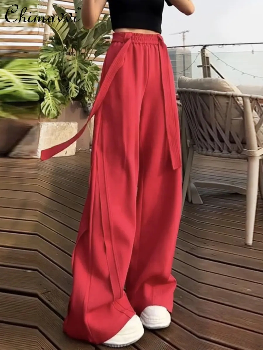 Straight Casual Mopping Pants Women Spring 2023 New Fashion Belt Design Loose Slim Pure Color All-Matching Wide Leg Pants