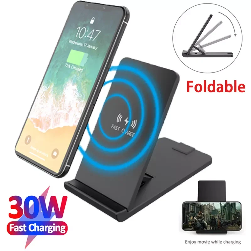 

Foldable 30W Qi Wireless Charger Stand For 13 12 11 Pro X Max 8 S21 S20 Fast Charging Dock Station Phone Holder