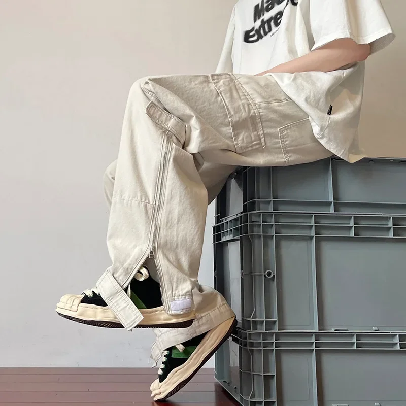 Cracker Khaki European American High Street Pants For Men Japanese Style Functional Cargo Side Zipper Casual Trousers