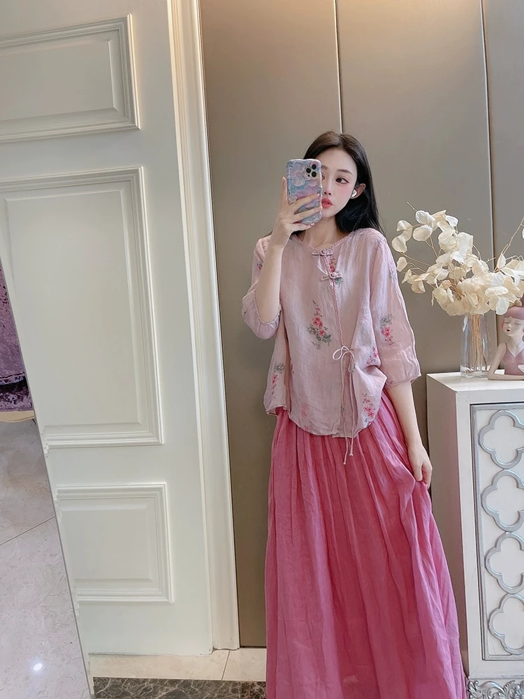 Chinese Zen Ramie Print Shirts Women Summer Loose Casual Shirt Retro Buckle Lace-up Cotton and Linen Tea Clothes Top