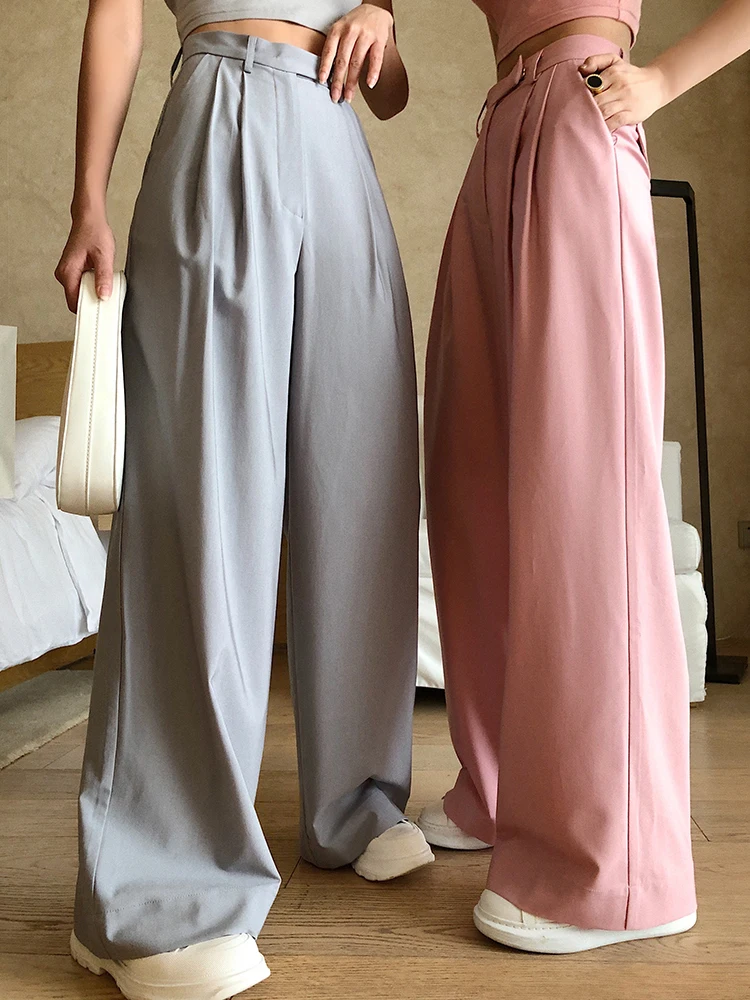 

women straight tall waist drape summer thin pink wide-legged pants relaxed joker mop the floor slacks