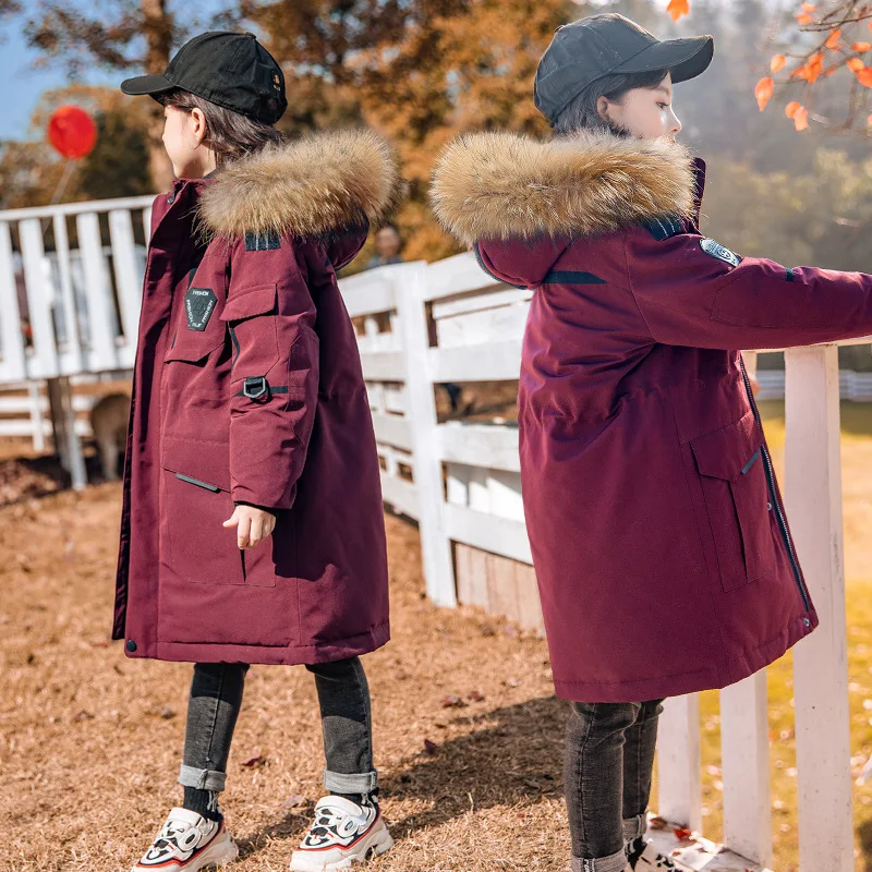 2022 Winter Girls Boys Casual Thick Fur Hooded Down Jacket Baby Kids Children Long Coat Outerwear