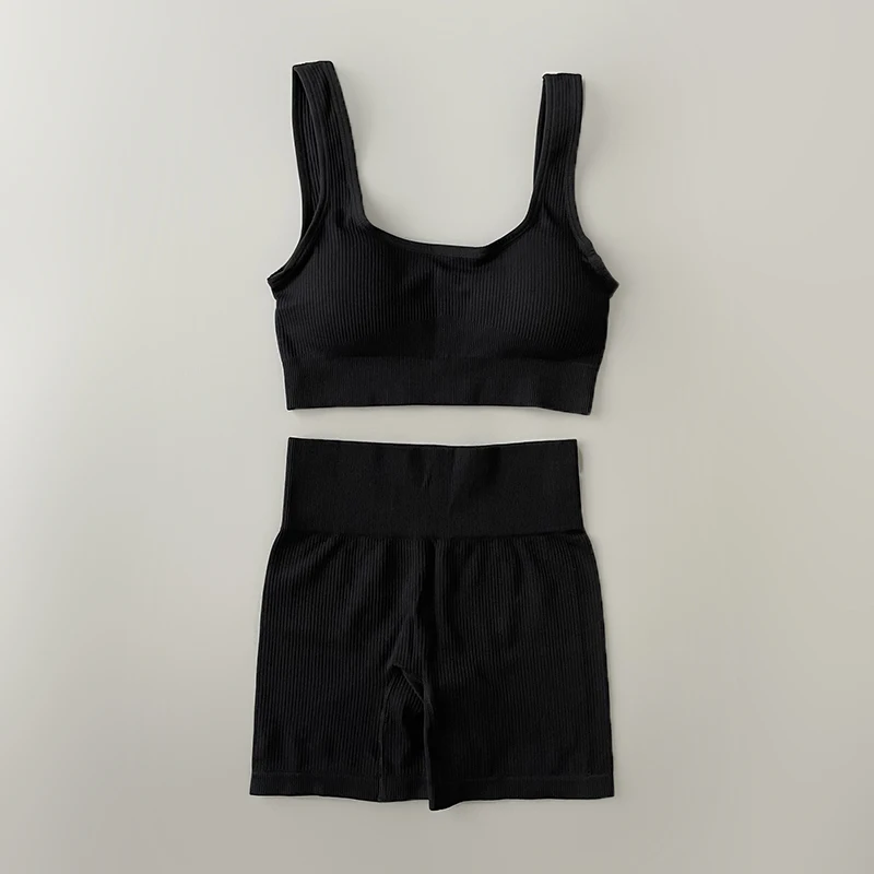 Seamless Ribbed Yoga Set for Women Clothing Sportswear High Waist Leggings Gym Suit Workout Running Crop Top Female Tracksuit