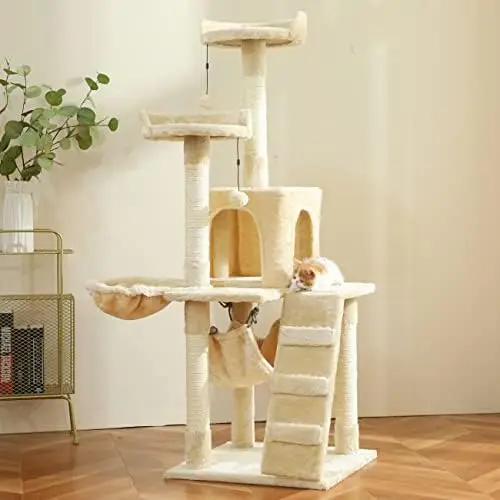 

54in Cat Tree Cat Tower Condo Furniture Scratch Post with Natural Sisal Rope, Hammock & Cradle for Cats Kittens, Tall Cat Cl