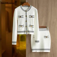 New Design Classic Plaid Pattern Quality 2 Pieces Skirt Sets Knitting Sweater Suits White Color Women Clothing