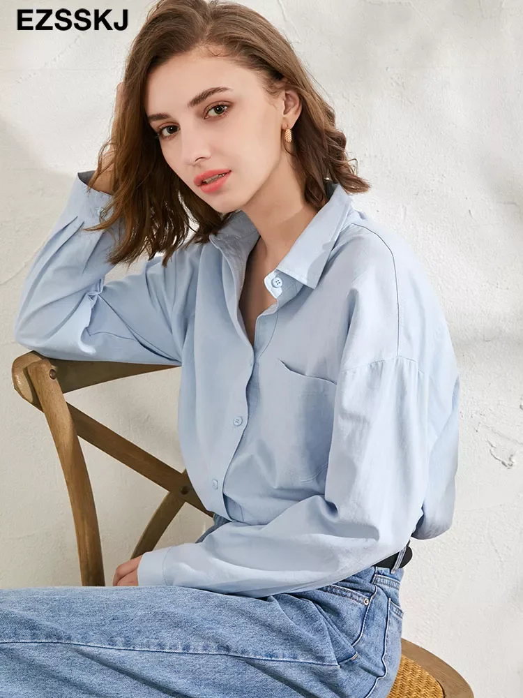 

EZSSKJ 2021 new chic casual loose cotton blouse shirt women solid color oversize long blouse shirt Women