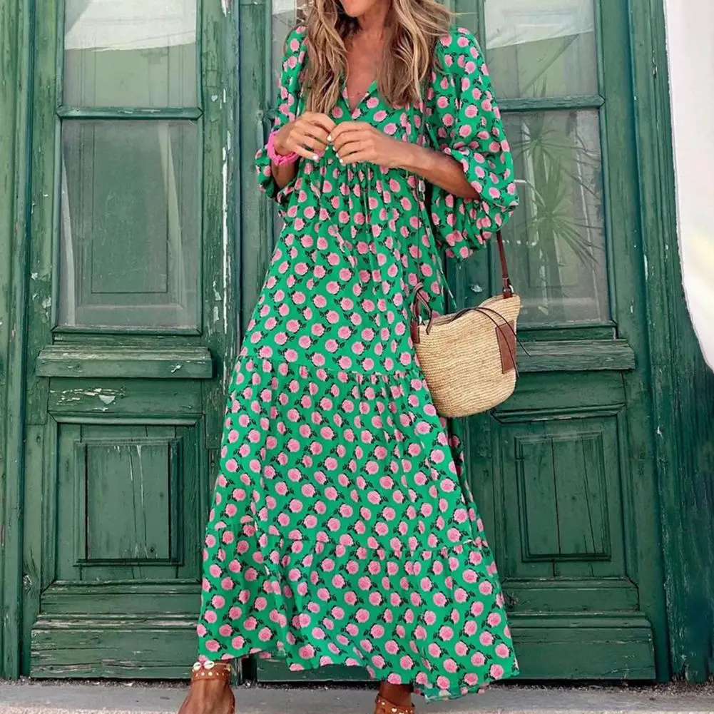 

Women Dress Summer Puff Sleeve Boho V Neck Printing Long Dress Loose Holiday Beach Female Casual Floral Dresses Party Vestidos