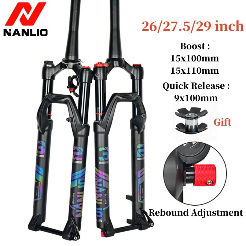

NANLIO MTB Fork Boost 15x100 15x110 Mountain Bike Suspension Air Fork 29 27.5 Inch Rebound Adjustment Quick Release 120mm Travel