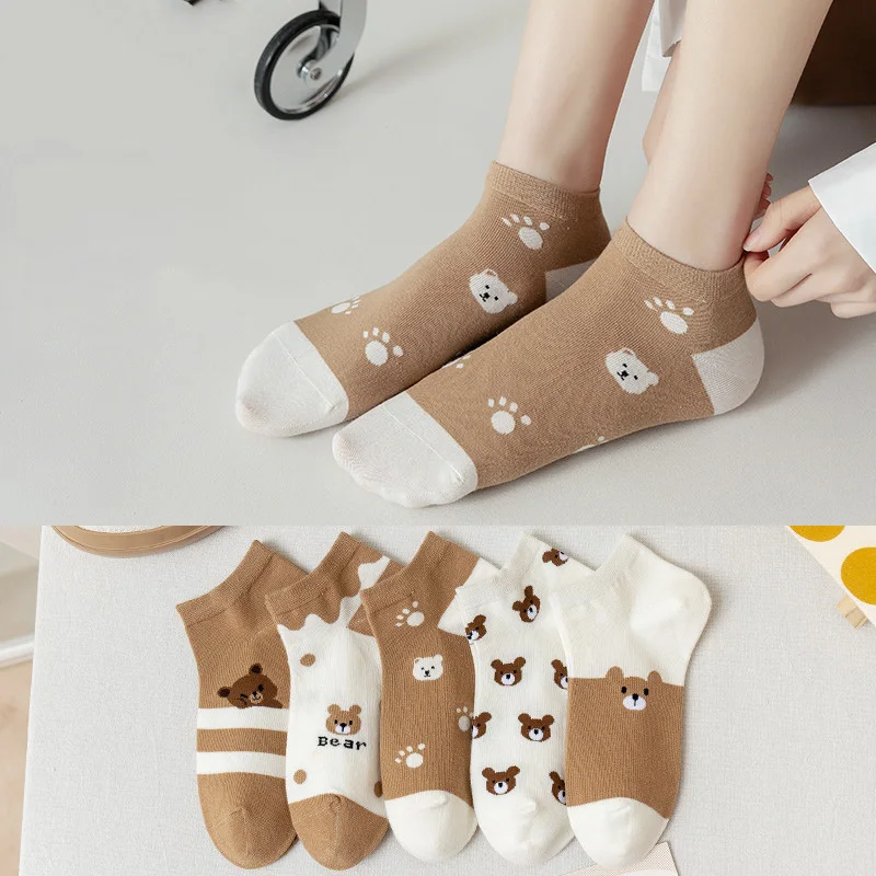 

5 Pairs/Lot Women's Cartoon Pattern Animal Short Cotton Socks Breathable New Bear And Ankle Summer Thin Boat Cotton socks