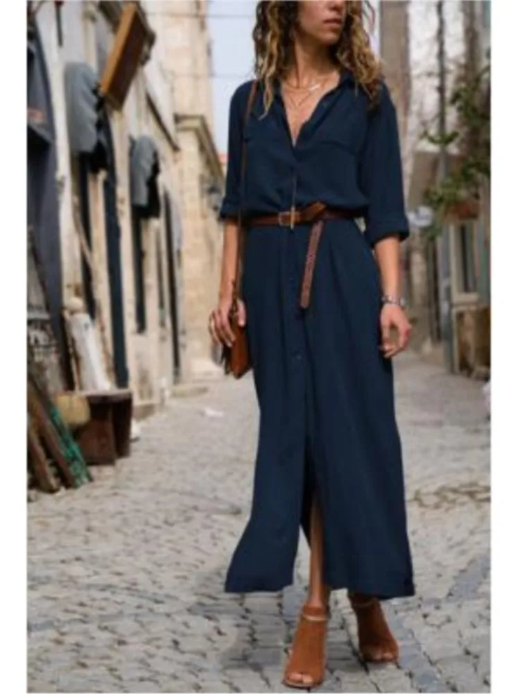 Весенне-летнее однобортное платье средней длины с лацканами и длинными рукавами