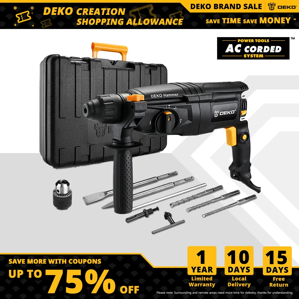 

DEKO GJ181 220V 26mm 4300/min Impact Rate 4 Functions AC Electric Rotary Hammer Drill with Accessories and BMC Box