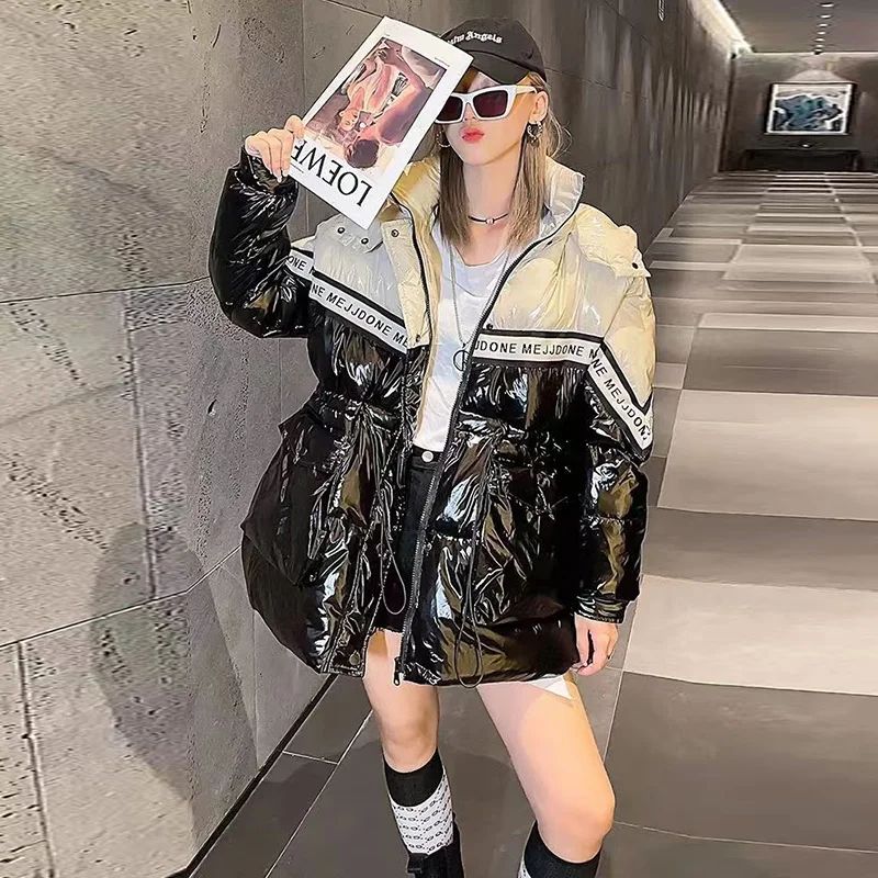 Down Jacket Women's 2022 Winter New Mid-Length Hooded Coat Bright Color Matching Waist Loose White Duck Feather Parkas Female