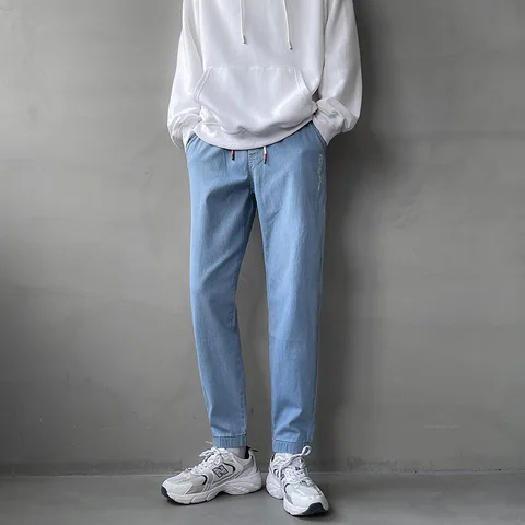 Новые свободные мужские бриджи, простой дизайн, высококачественные уютные универсальные повседневные Прямые джинсовые брюки для студентов - изображение
