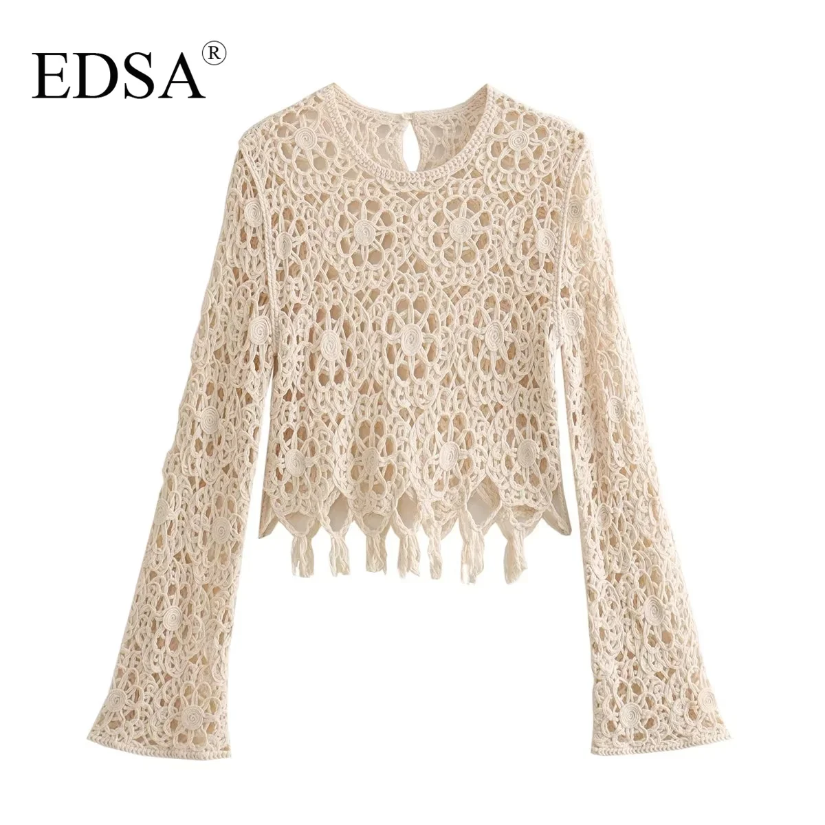 

Женская ажурная трикотажная блузка EDSA, праздничный пуловер цвета хаки с длинным рукавом и круглым вырезом, с кисточками