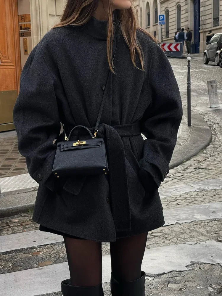 Женское однобортное шерстяное пальто элегантная однотонная куртка на шнуровке с