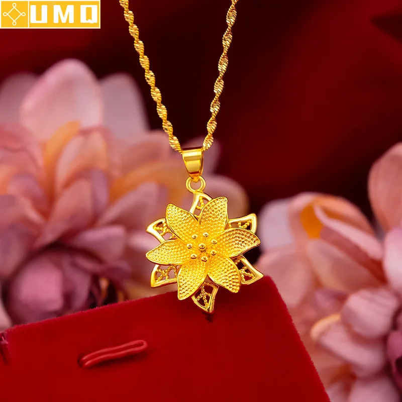 

Pure 18k Yellow Gold Necklace Pendant Women Charm Gold Chain Luxury Jewelry for Women Little Flower Pendant for Christmas Gifts