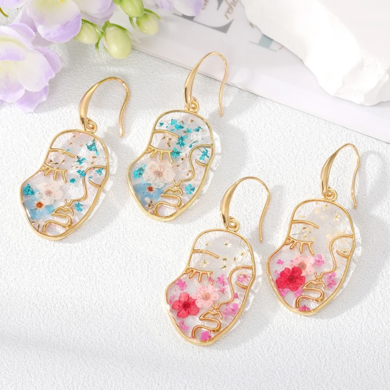 

New Colorful Dried Flower Stud Earrings Trendy Alloy Face Pendant Earring for Women Fashion Accessories