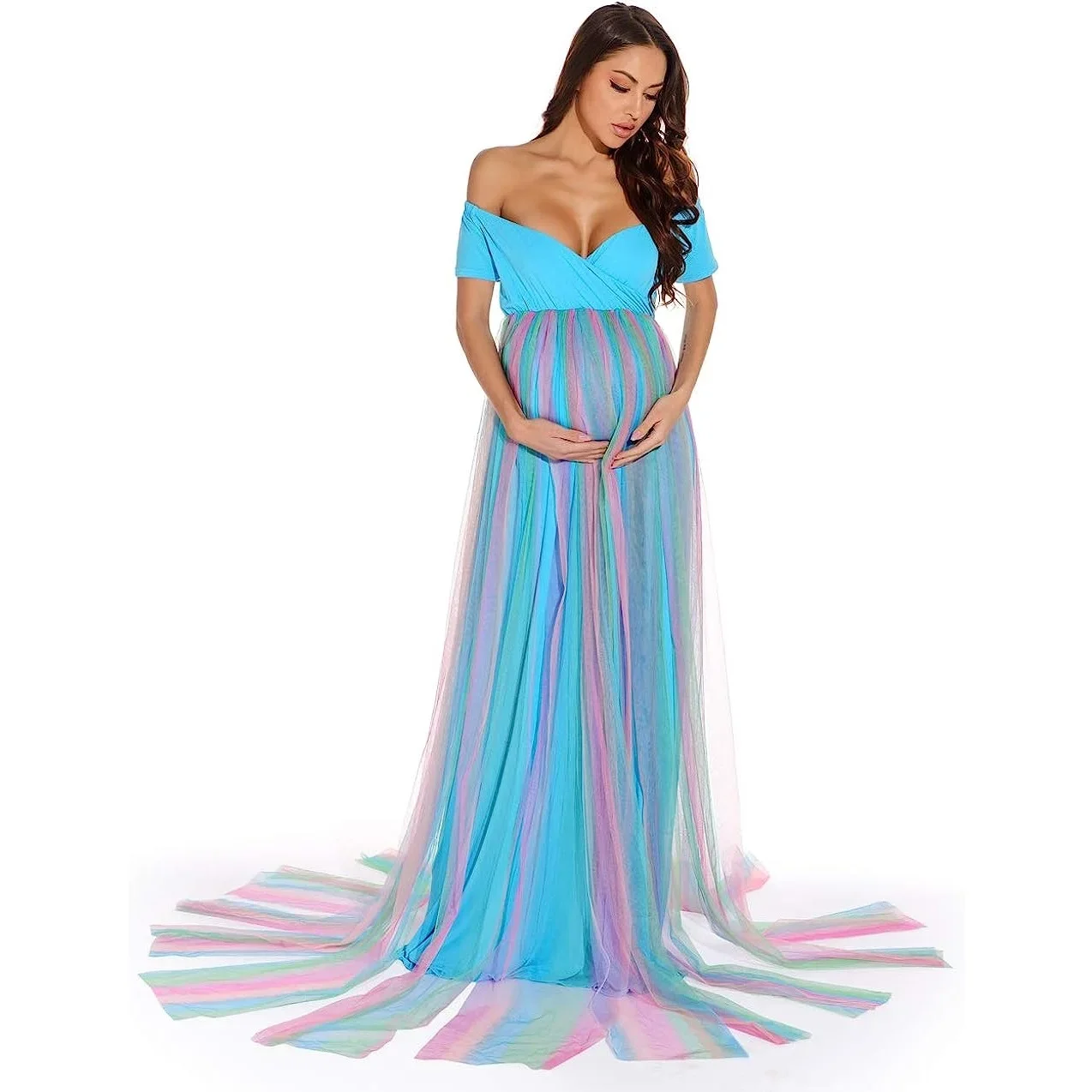 Радужное платье для беременных с открытыми плечами фотосессии будущей матери