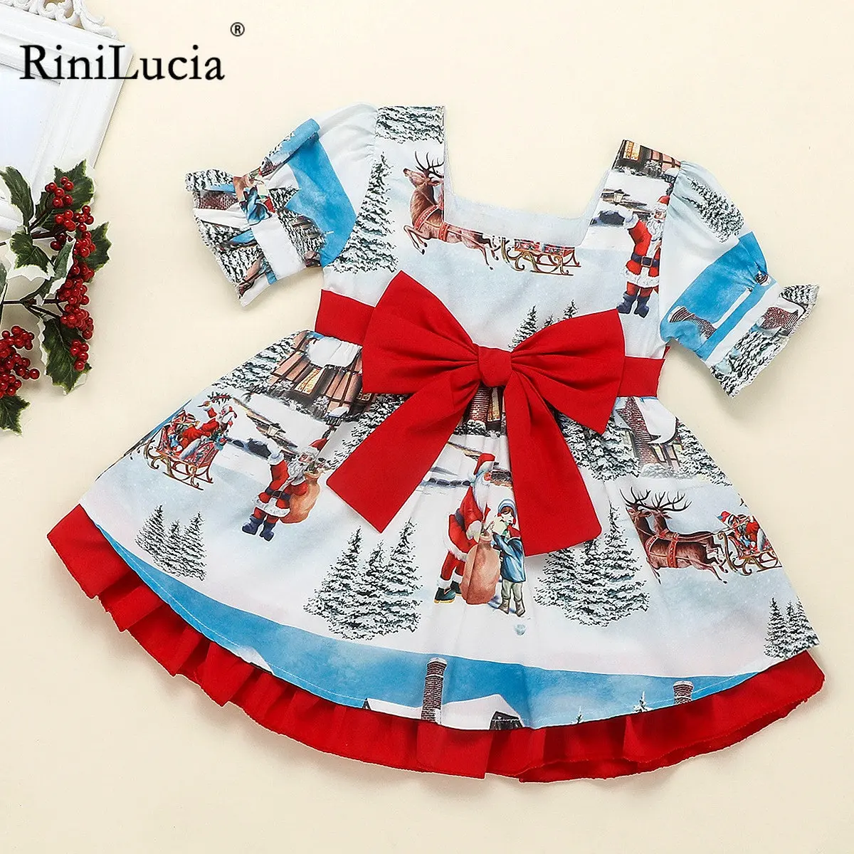 

RiniLucia Toddler Girls Christmas Dresses Baby Christmas Holiday Party Dress Printed Bowknot Princess Outfits Children Clothes