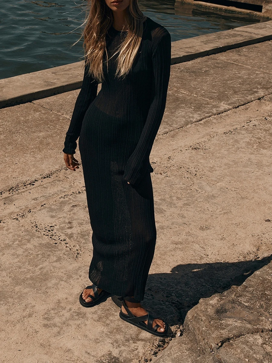 

Elegant Sheer for Women - Solid Ribbed Long Sleeve Cover Up Dress for Beach Parties and Bodycon Events