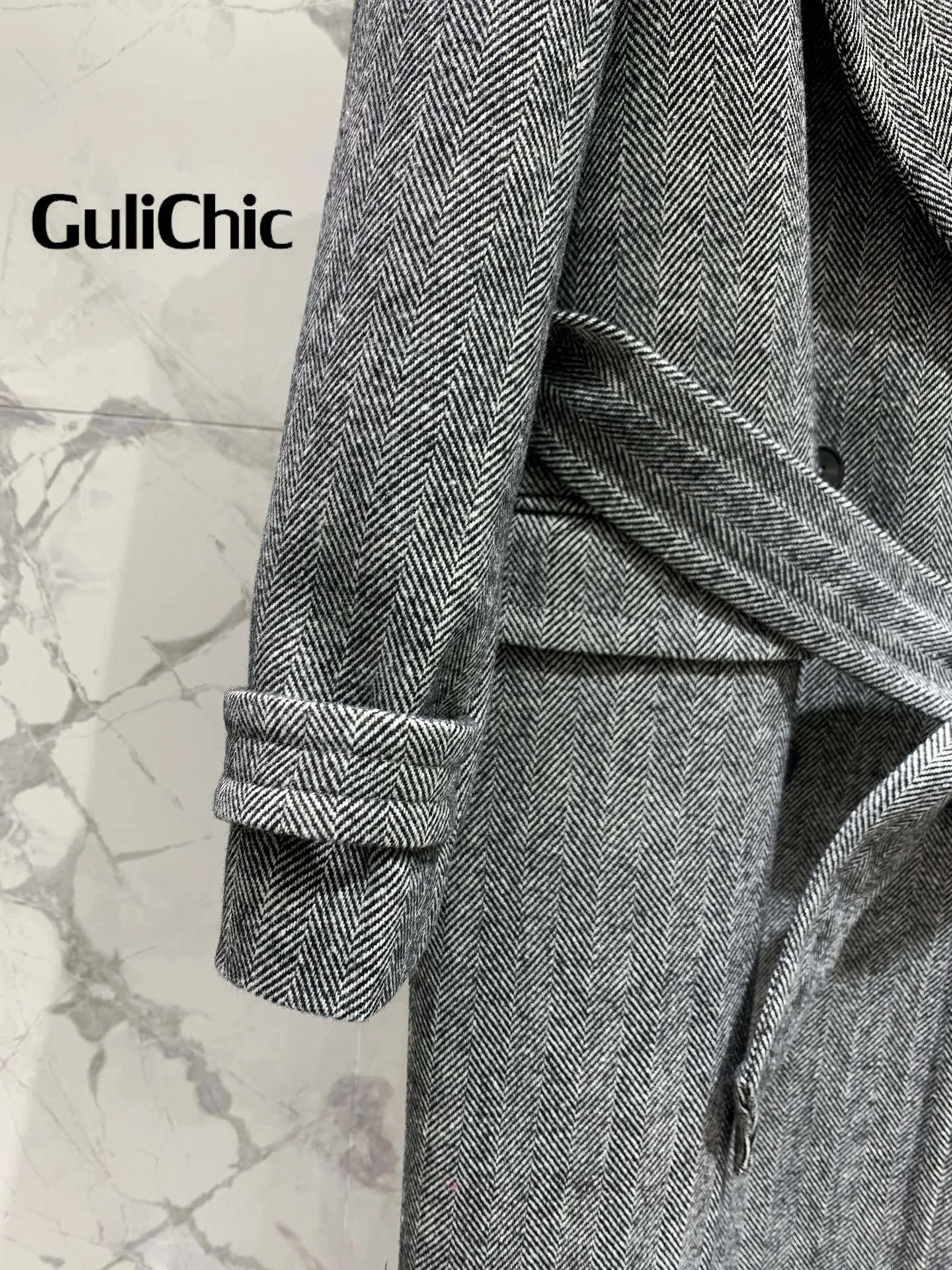 10 26 GuliChic 2024 осенне-зимнее классическое длинное шерстяное пальто с узором елочка